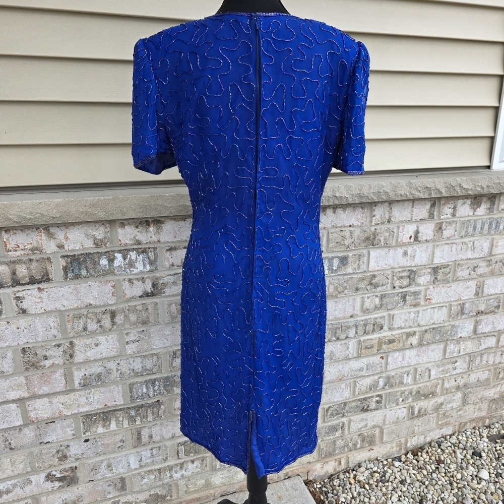 Vintage SWEELO Silk Beaded Blue Cocktail Dress 80s Art Deco Sheath M - Picture 6 of 16